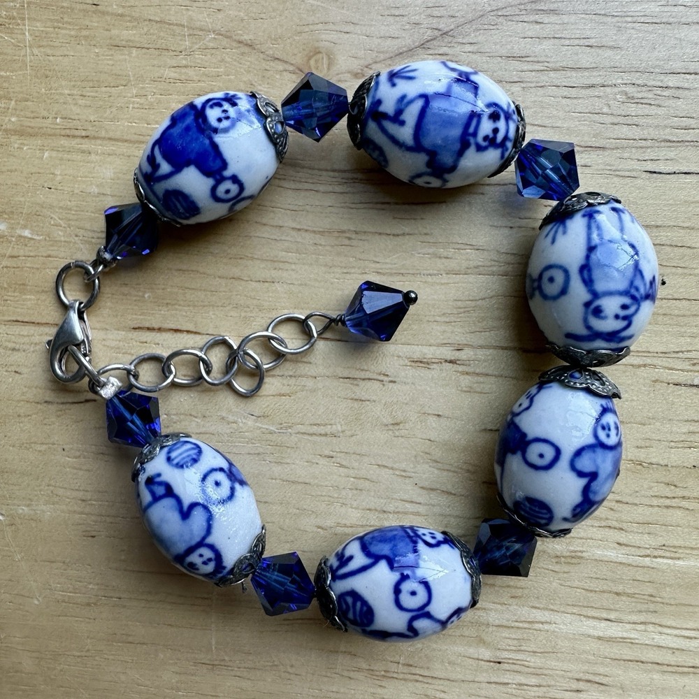 VTG Beaded Bracelet Adjust Canton Porcelain Blue White Cobalt 925 Sterling 26.0g